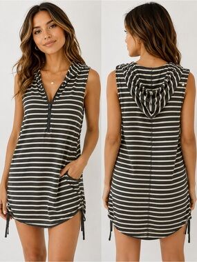 Exist Hooded Sleeveless Striped Tunic Dress Cover-Up | Medium
